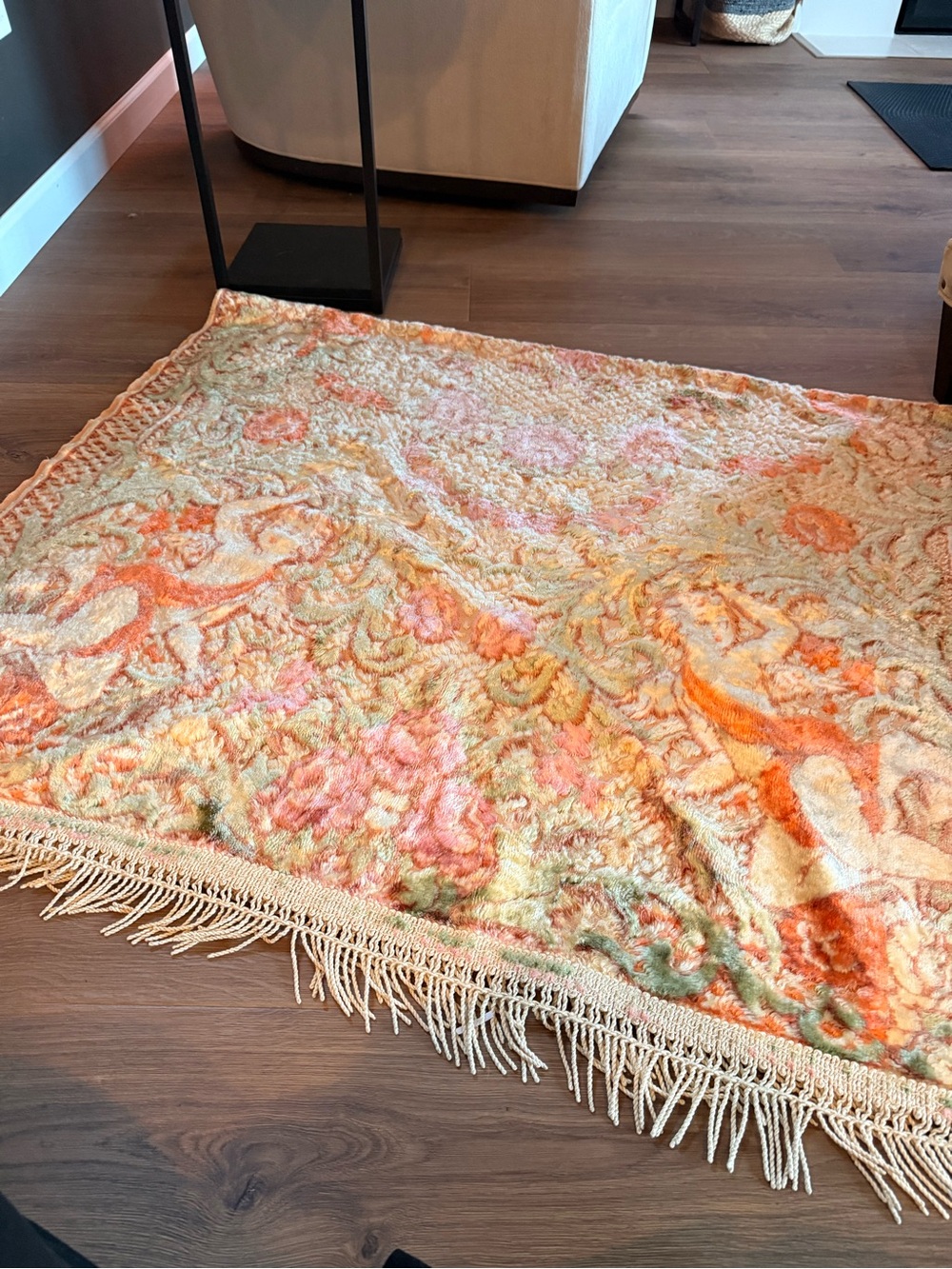 Vintage Chenille Piano Cover / Table Cover – Floral Fringe – Approx. 6' x 43"